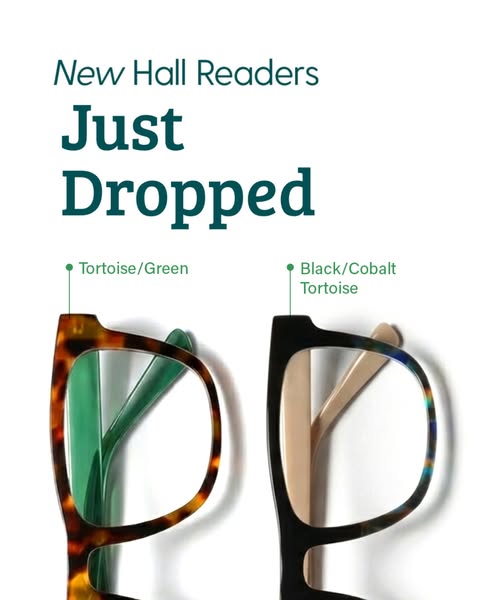 This image ad showcases the new Hall Readers glasses from a brand, highlighting two color options: Tortoise/Green and Bl
