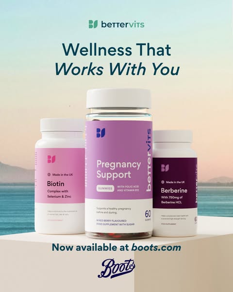 This Bettervits ad showcases three vitamin products: Biotin, Pregnancy Support, and Berberine. The ad highlights that th