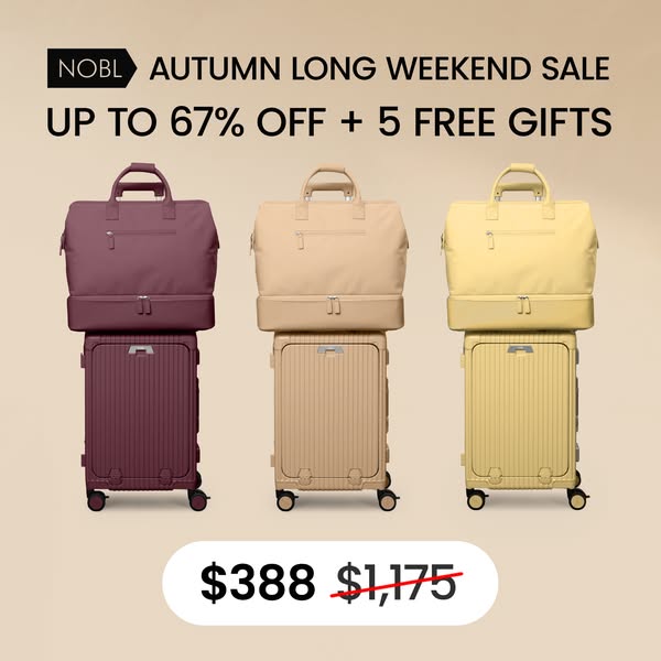 This ad features NOBL luggage and bags in three colors, showcasing a limited-time Autumn Long Weekend Sale offering up t