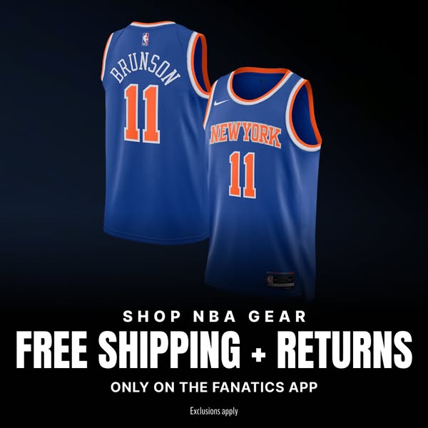 This ad features a New York Knicks jersey. The ad promotes free shipping and returns on the Fanatics app and encourages