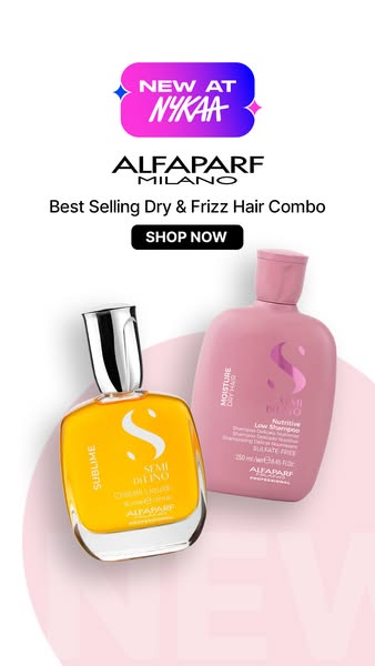 This image ad promotes Alfaparf Milano's dry and frizz hair combo, available at Nykaa. The ad showcases two products