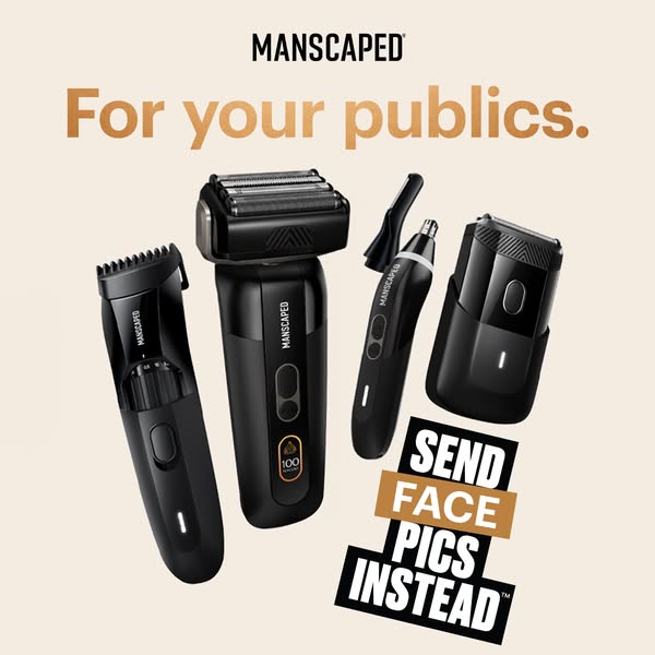 This image ad features a line up of Manscaped grooming tools with the headline "For your publics." The ad then