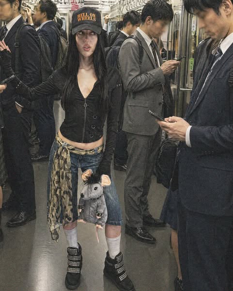 This ad features a young woman standing on a crowded train in a stylish, punk-inspired outfit. She is holding a large, s