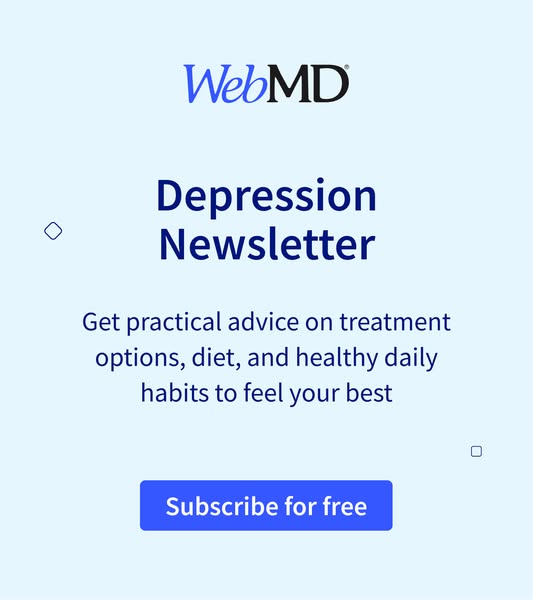 The ad promotes the WebMD Depression Newsletter, offering practical advice on treatment options, diet, and healthy daily