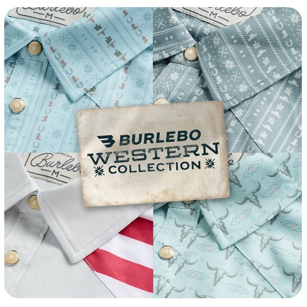 An advertisement for Burlebo Western Collection clothing. The image consists of four collared shirts with different patt