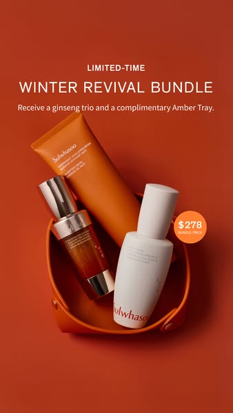 This ad showcases a limited-time winter revival bundle from Sulwhasoo, featuring a ginseng trio and a complimentary ambe