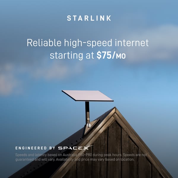 This is a static image ad for Starlink, promoting their reliable high-speed internet service starting at $75/month. The 