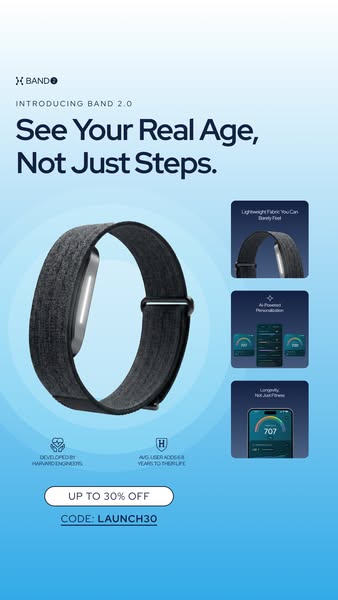 This image ad is for Band 2.0. The ad emphasizes that it can show you your real age, not just steps. It highlights featu