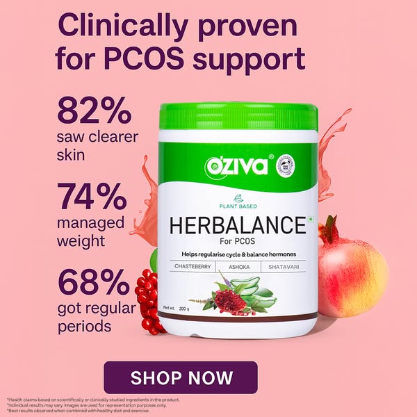 This ad promotes OZiva Herbalance for PCOS, highlighting its clinically proven benefits in supporting individuals with P