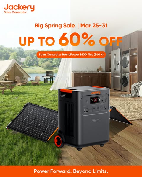 This ad showcases the Jackery Solar Generator HomePower 3600 Plus (340 X) during a Spring Sale, emphasizing its versatil