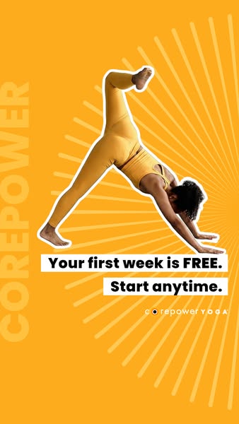 This image ad for CorePower Yoga features a person doing yoga against a bright yellow background with white text promoti
