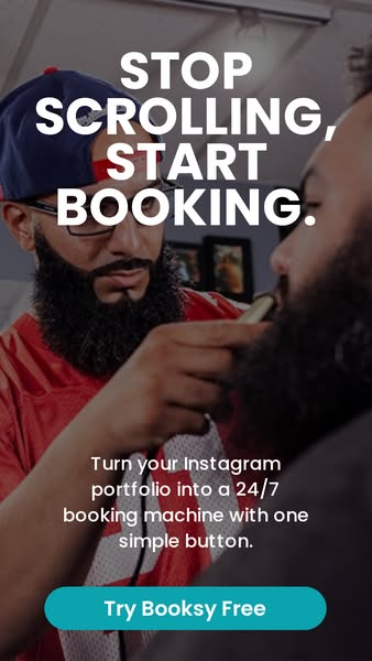 This image ad for Booksy is targeted towards barbers. The ad shows a barber using a trimmer on a customer. The ad is enc
