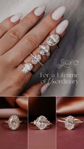 This image ad showcases a variety of diamond engagement ring styles from Sarah O. Jewelry. The ad uses lifestyle imagery