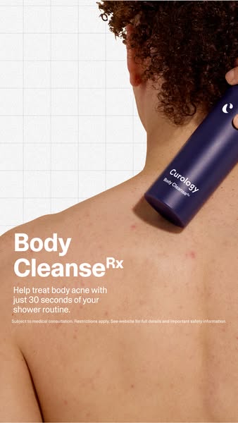 This ad promotes Curology's Body Cleanse Rx to help treat body acne in just 30 seconds of the user's shower rout