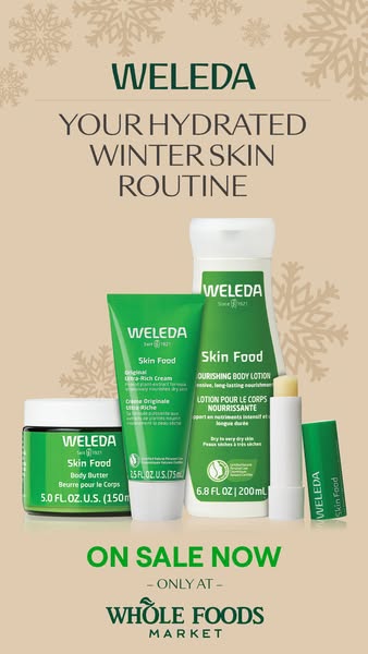 This ad promotes Weleda's Skin Food line, highlighting its suitability for winter skin hydration and availability at