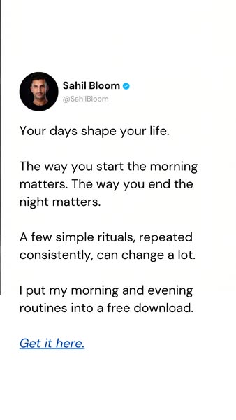 This ad uses a quote to suggest that morning and evening routines are critical for a good life and offers a free downloa