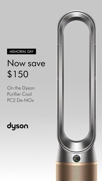 This image ad is for the Dyson Purifier Cool PC2 De-NOx. It features a silver version of the product against a gray grad