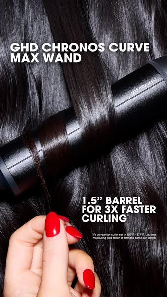 This ad showcases the GHD Chronos Curve Max Wand, emphasizing its 1.5" barrel for 3x faster curling. The visual foc