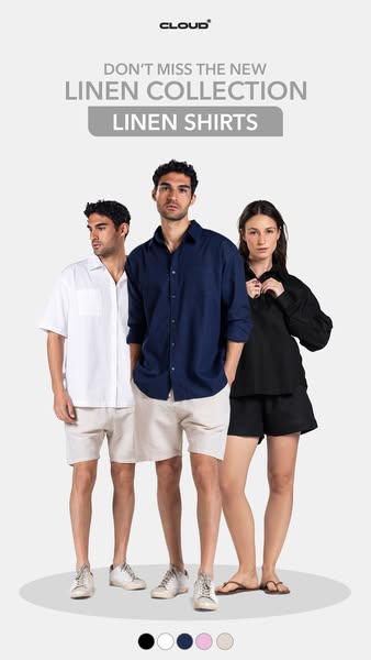 This ad showcases Cloud brand's new linen collection featuring three models each wearing a linen shirt and shorts se