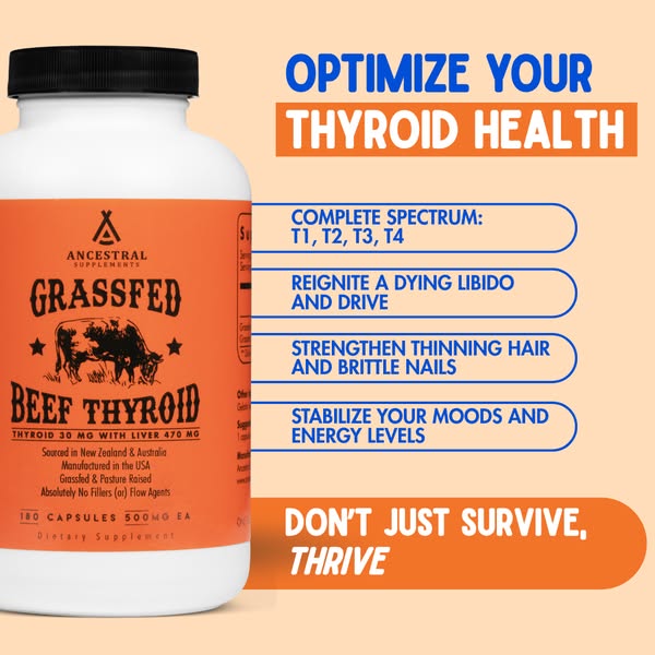 This image ad for Ancestral Supplements Beef Thyroid promotes the product's comprehensive thyroid support, with bene