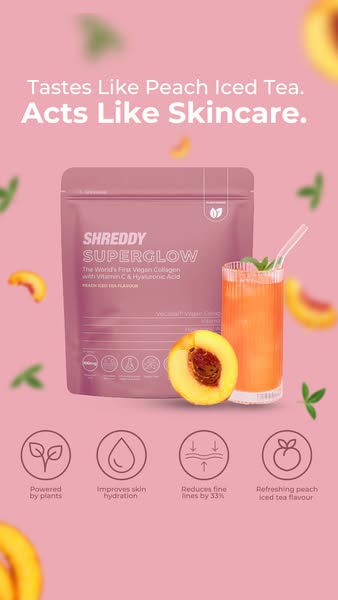 This image ad for Shreddy Superglow promotes the product as a vegan collagen supplement that tastes like peach iced tea 