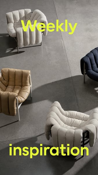 This is a photo ad featuring a collection of puffy chairs in various colors. The ad promotes the brand by sharing weekly