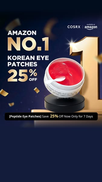 An advertisement for COSRX peptide eye patches that are the number 1 eye patches on Amazon with an offer of 25% off for 