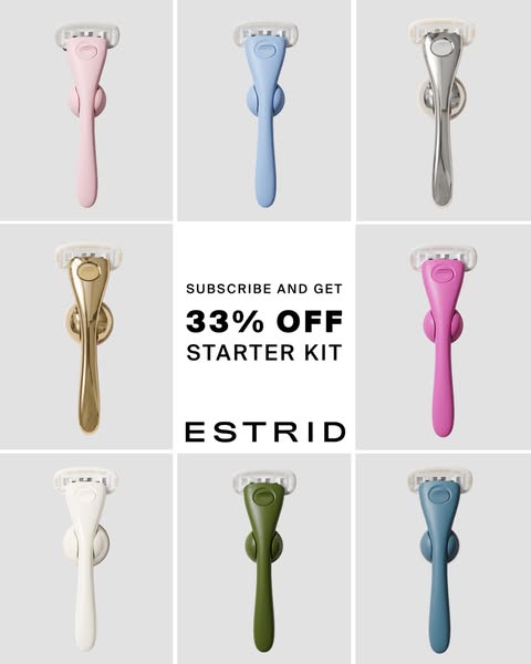 This ad for Estrid features razors in different colors arranged in a grid with an offer for 33% off the starter kit if y
