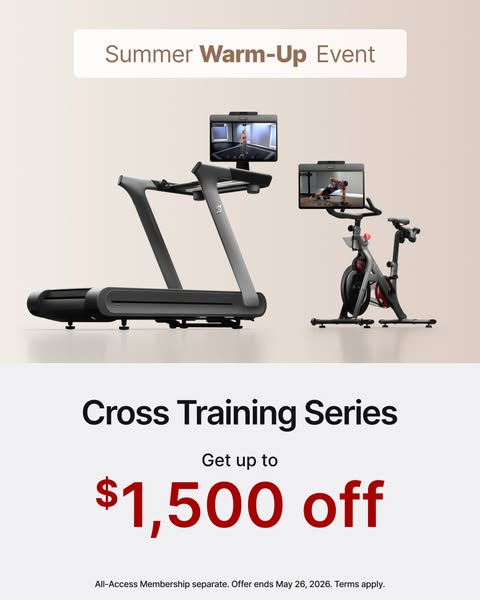 The ad showcases a Peloton treadmill and bike. The offer promotes the Cross Training Series for the summer with up to $1