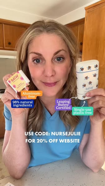 A woman holds up two different Wild deodorant products and calls out the features while sharing a discount code.
