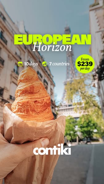 This image ad for Contiki promotes their European Horizon tour package featuring a croissant in Paris.