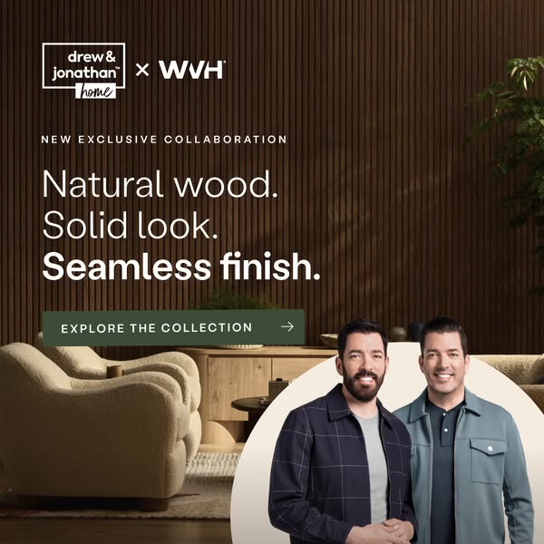 This image ad announces a new exclusive collaboration between Drew & Jonathan Home and WWH, showcasing natural wood 