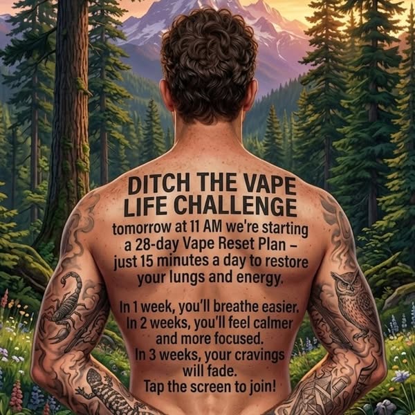 This image ad promotes a 28-day challenge to quit vaping, highlighting health benefits and cravings reduction over time.