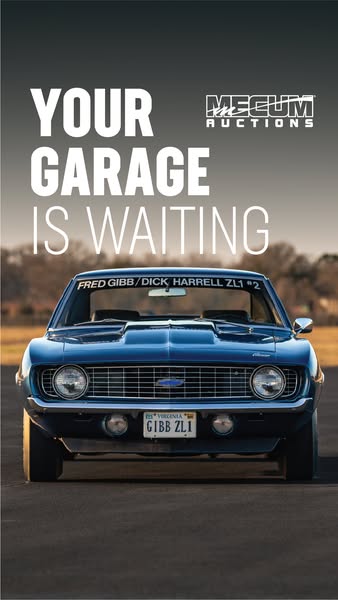 This ad for Mecum Auctions uses an image of a classic blue Camaro to capture the attention of car collectors and enthusi