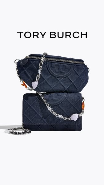 This image ad showcases a Tory Burch denim handbag and a denim wallet on a chain.