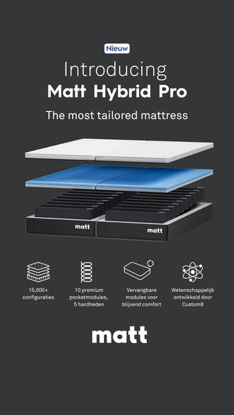 This ad introduces the Matt Hybrid Pro mattress, highlighting its tailored design and customizable comfort through an ex