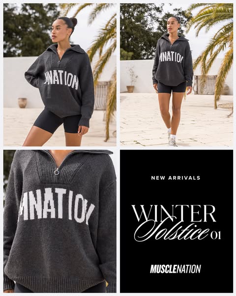 This ad for Muscle Nation features a woman wearing their grey 'Winter Solstice' sweater and black athletic short