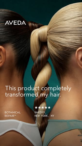 This image ad features a testimonial for Aveda's Botanical Repair™ product, highlighting the transformation it provi