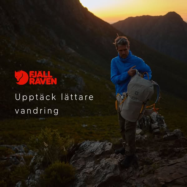 This image ad for Fjallraven, is advertising lightweight hiking. It shows a man on a mountainside, putting on a backpack