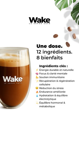 This ad showcases the Wake Le Super Cafe drink. It highlights its key ingredients and the benefits it offers, like susta