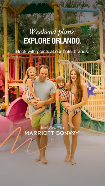 This ad promotes Marriott Bonvoy, encouraging viewers to book their Orlando vacations using hotel points. It features a 