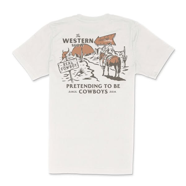 The ad features a white t-shirt with a graphic design on the back. The design includes a western-themed illustration wit