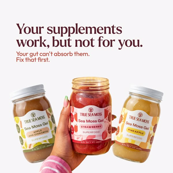 This image ad showcases three jars of True Sea Moss gel in different flavors as a gut-health food supplement, with the h