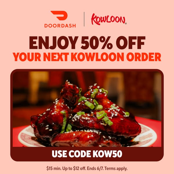 This image ad for DoorDash promotes a 50% discount on Kowloon orders made through the DoorDash app, using the code KOW50