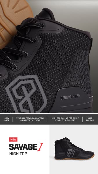 This ad showcases the features of the Savage 1 High Top shoe by Born Primitive.