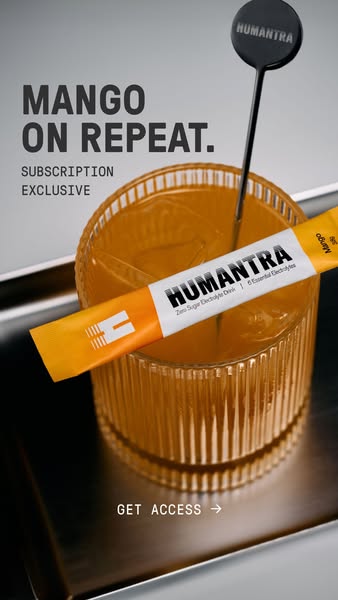 This image ad promotes Humantra's Mango flavored zero-sugar electrolyte drink, highlighting it as a subscription exc