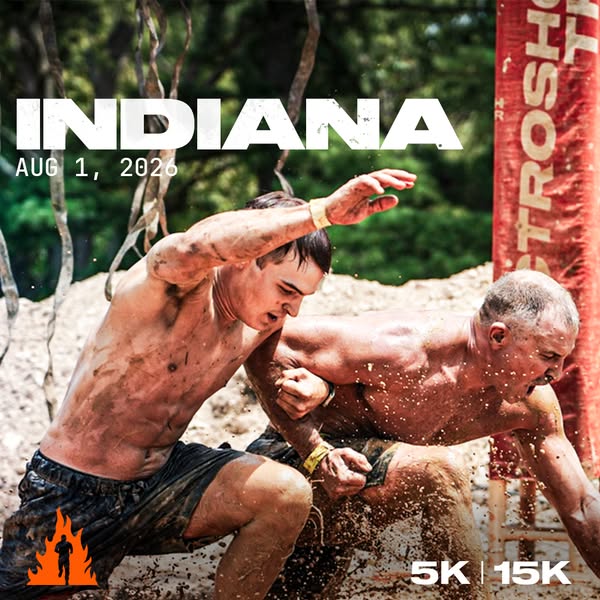 This image ad is promoting a mud run event called Indiana which is happening on August 1, 2026. The ad features two men 