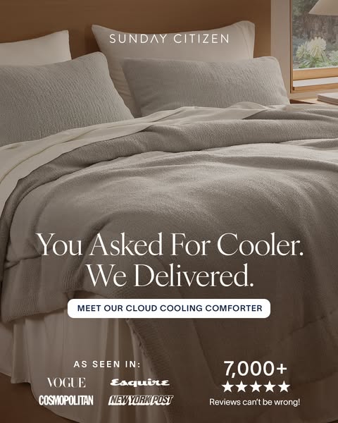 This image ad showcases the Sunday Citizen Cloud Cooling Comforter, highlighting its ability to keep you cool. It uses s