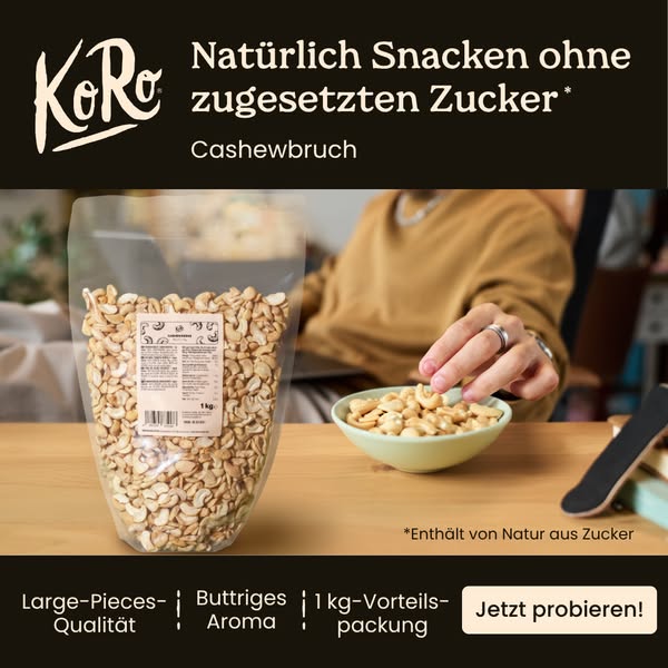 This ad showcases KoRo's cashew pieces, emphasizing their natural qualities and large packaging size.