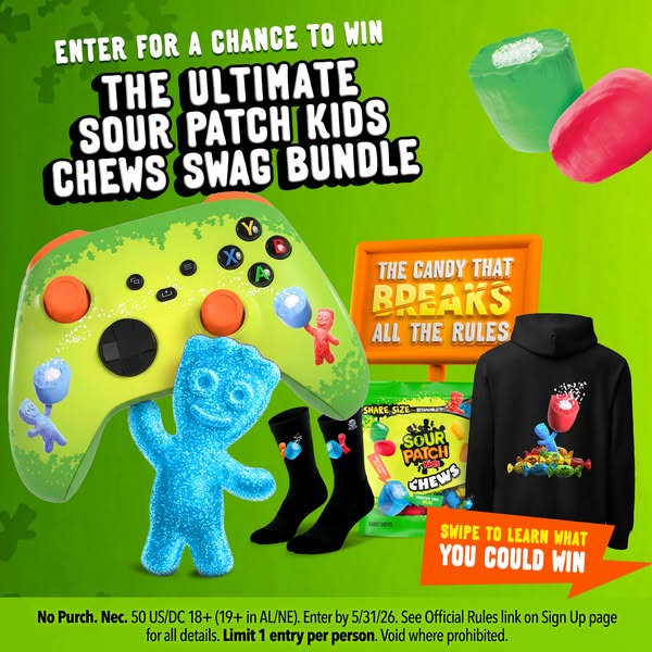 Ad for a Sour Patch Kids contest sweepstakes, with the winner receiving a Sour Patch Kids-themed swag bundle.